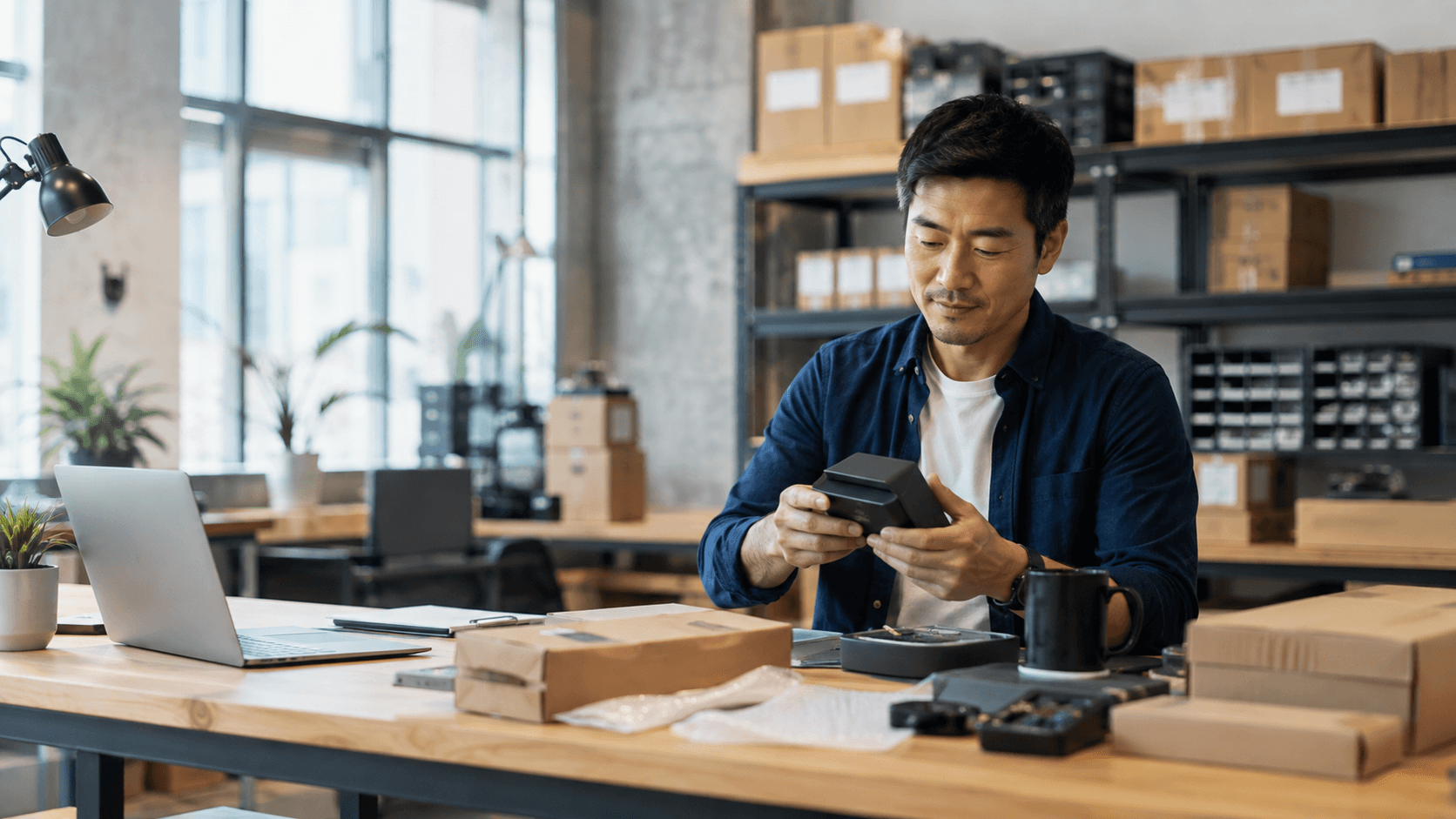 Asian business owner working in an electronics and fulfilment business