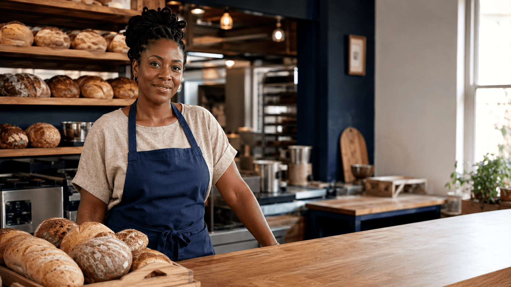 Independent bakery owner standing inside her business